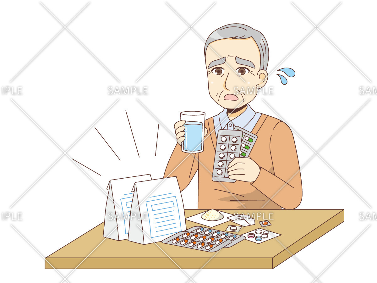 服薬の量が多く困っている男性高齢者（薬・服薬/介護・生活）のイラスト