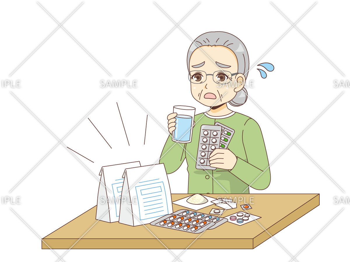 服薬の量が多く困っている女性高齢者（薬・服薬/介護・生活）のイラスト