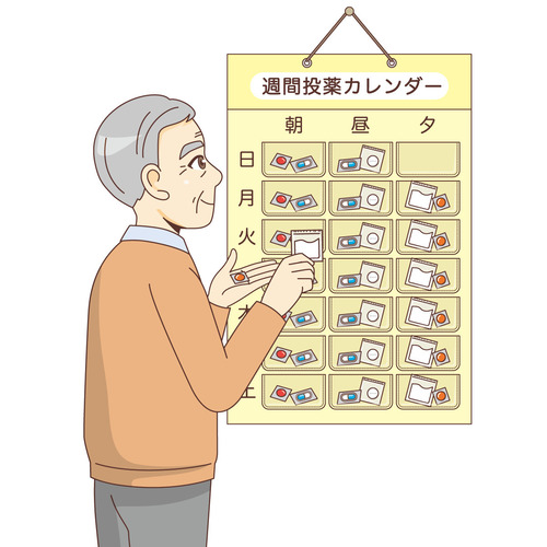 服薬カレンダーで薬の管理をしている男性高齢者（薬・服薬/介護・生活）のイラスト
