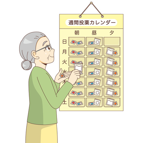 服薬カレンダーで薬の管理をしている女性高齢者（薬・服薬/介護・生活）のイラスト