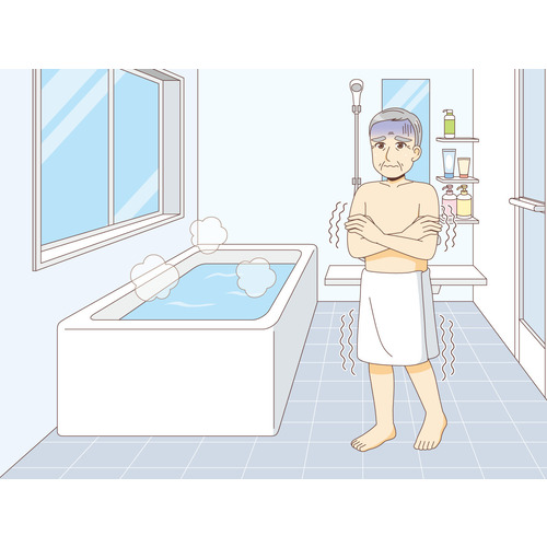 お風呂で寒さに震える男性高齢者（その他高齢者の病気・怪我・事故/医療・病気）のイラスト
