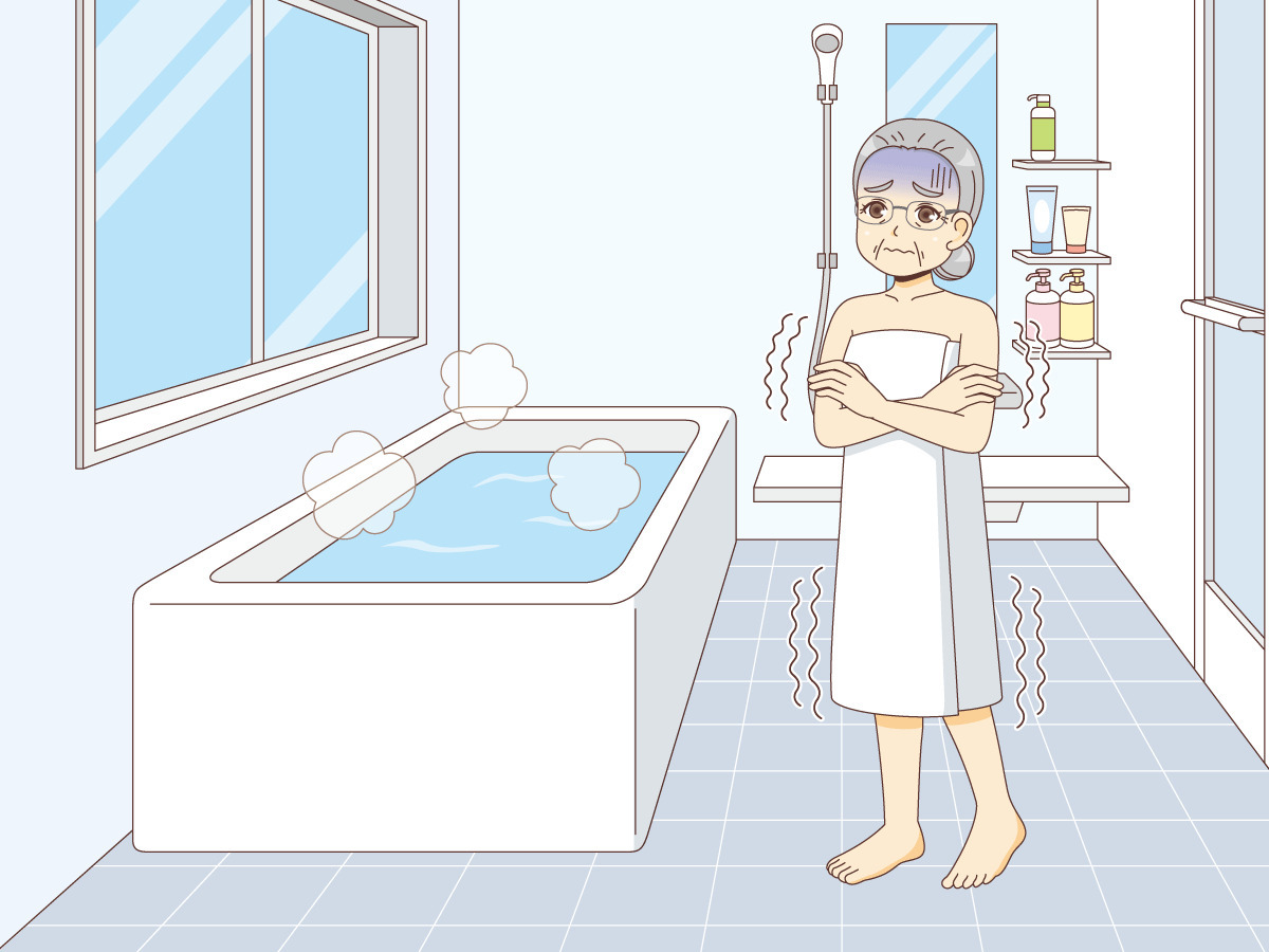 お風呂で寒さに震える女性高齢者 その他高齢者の病気 怪我 事故 医療 病気 の無料イラスト 介護アンテナ