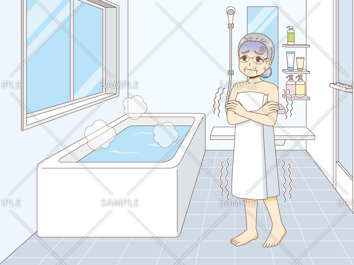 お風呂で寒さに震える女性高齢者（その他高齢者の病気・怪我・事故/医療・病気）のイラスト