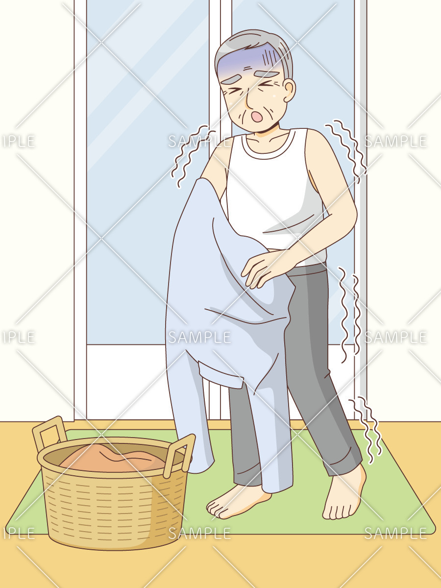 脱衣所で寒さに震える男性高齢者（その他高齢者の病気・怪我・事故/医療・病気）のイラスト