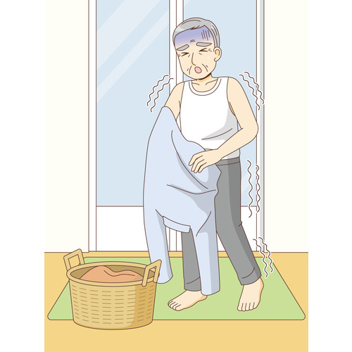 脱衣所で寒さに震える男性高齢者（その他高齢者の病気・怪我・事故/医療・病気）のイラスト