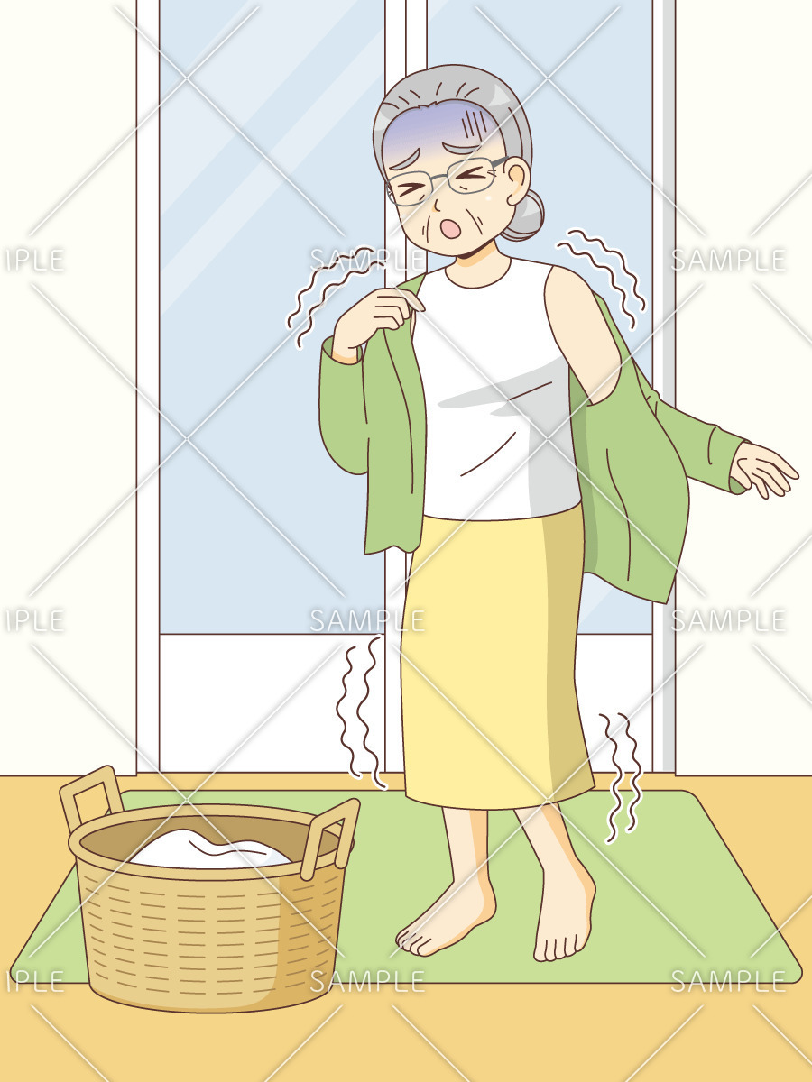 脱衣所で寒さ震える女性高齢者（その他高齢者の病気・怪我・事故/医療・病気）のイラスト