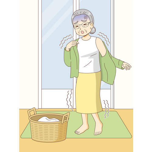 脱衣所で寒さ震える女性高齢者（その他高齢者の病気・怪我・事故/医療・病気）のイラスト
