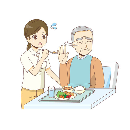 食事拒否する男性高齢者（高齢者/介護現場の人物）のイラスト