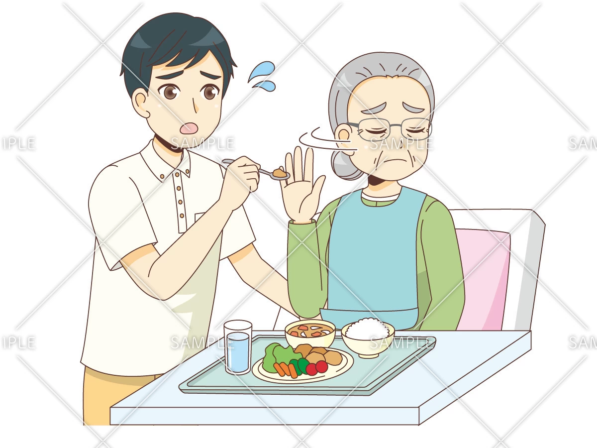 食事拒否する女性高齢者（高齢者/介護現場の人物）のイラスト