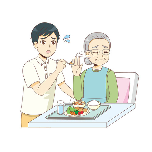 食事拒否する女性高齢者（高齢者/介護現場の人物）のイラスト