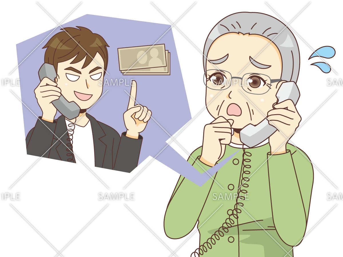 特殊詐欺の電話を受ける女性高齢者（高齢者/介護現場の人物）のイラスト
