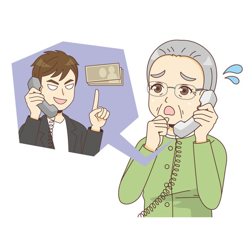 特殊詐欺の電話を受ける女性高齢者（高齢者/介護現場の人物）のイラスト