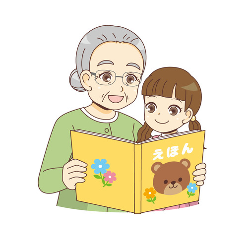 孫に絵本を読む女性高齢者（高齢者/介護現場の人物）のイラスト