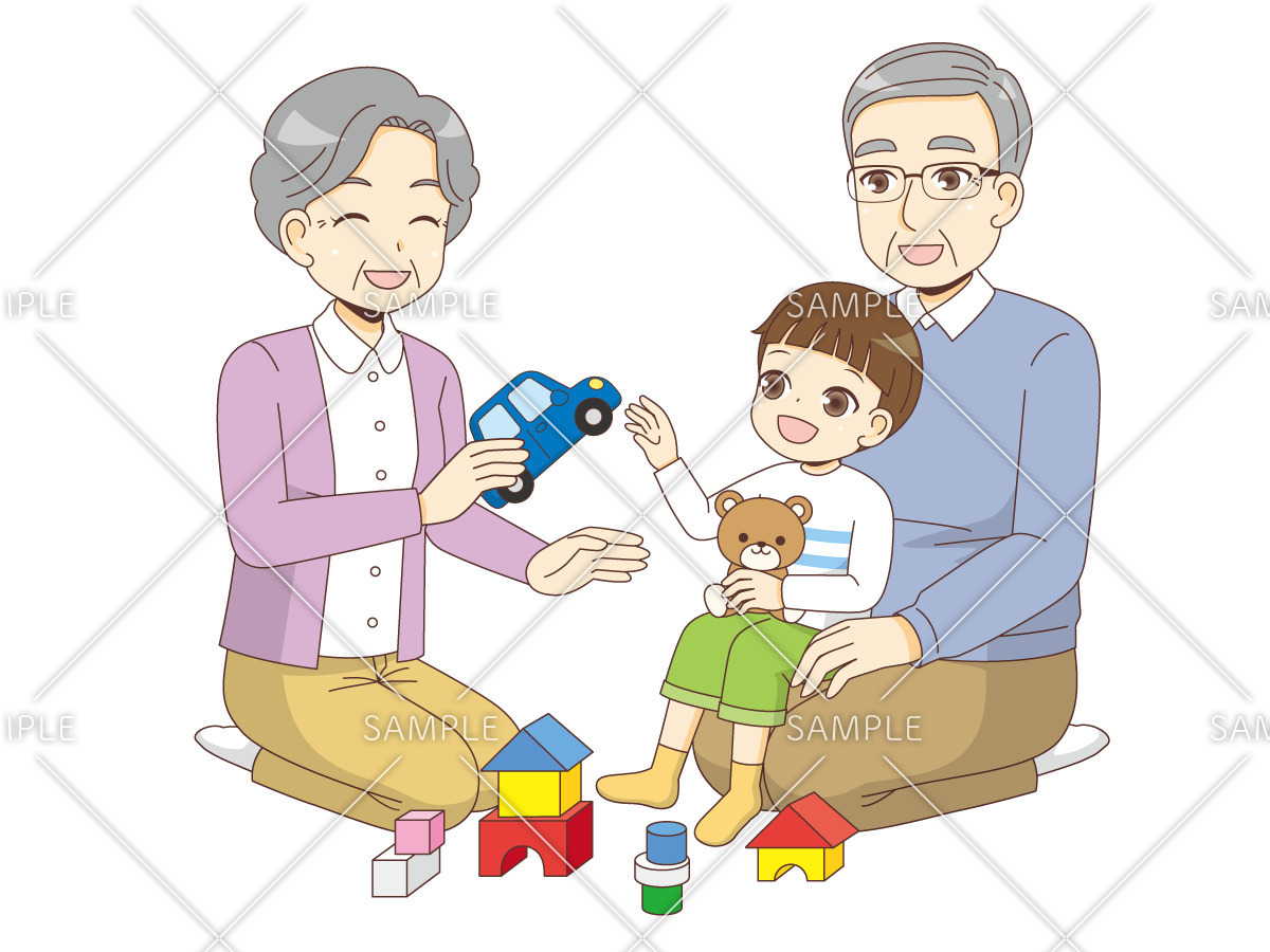 孫と遊ぶ高齢者夫婦（高齢者/介護現場の人物）のイラスト