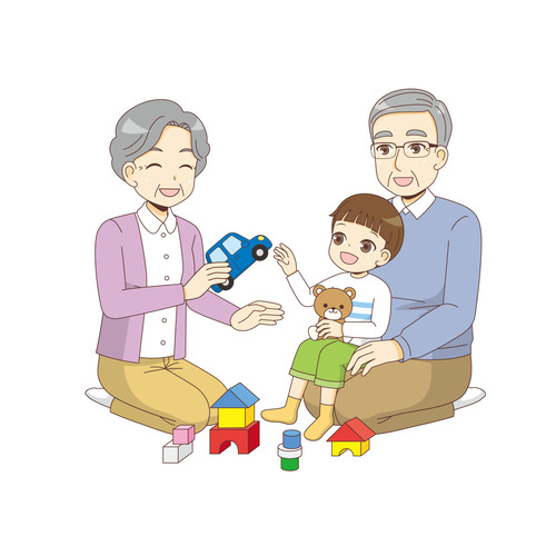 孫と遊ぶ高齢者夫婦（高齢者/介護現場の人物）のイラスト
