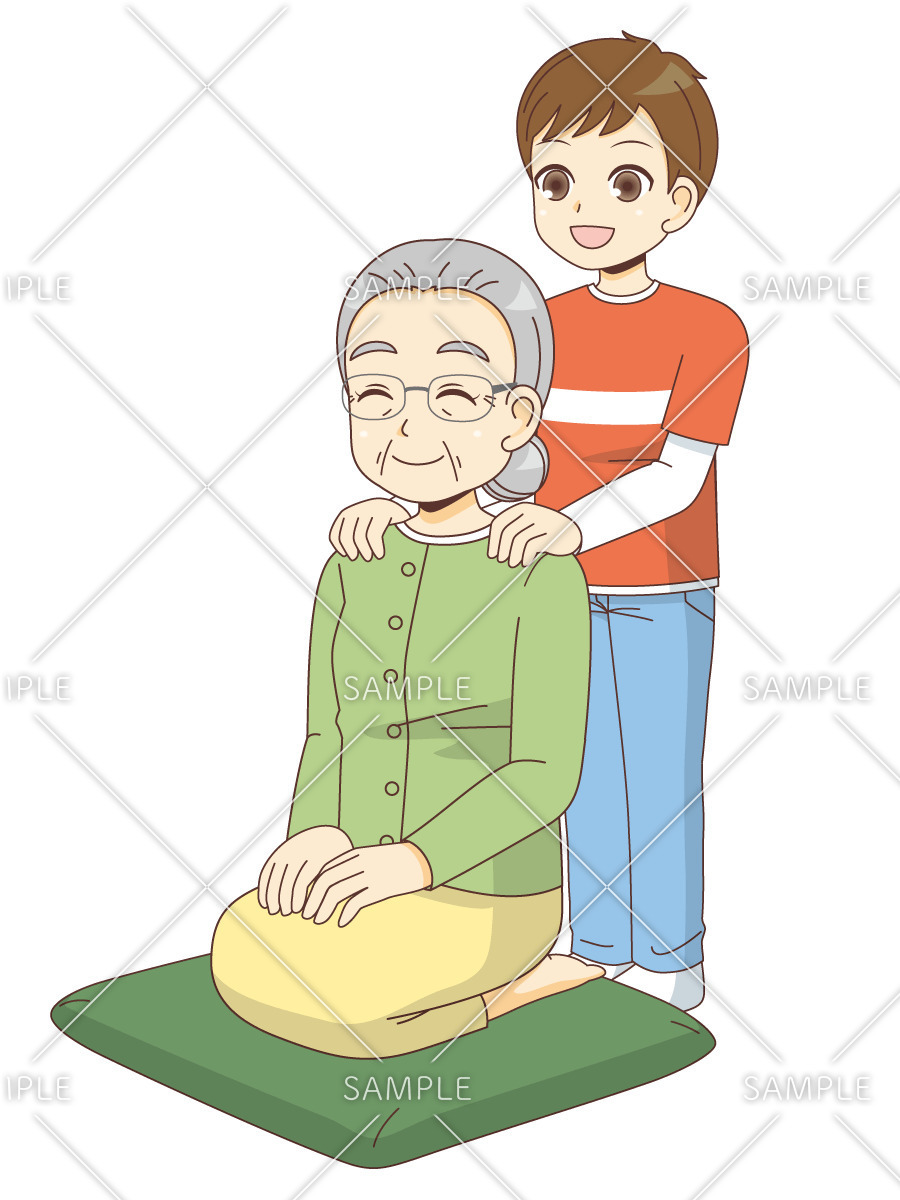 祖母の肩を揉む孫（季節・行事/その他一般・装飾）のイラスト