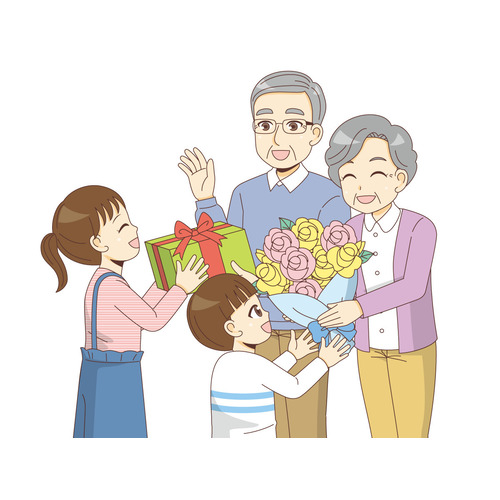 祖父と祖母にプレゼントを渡す男の子と女の子（季節・行事/その他一般・装飾）