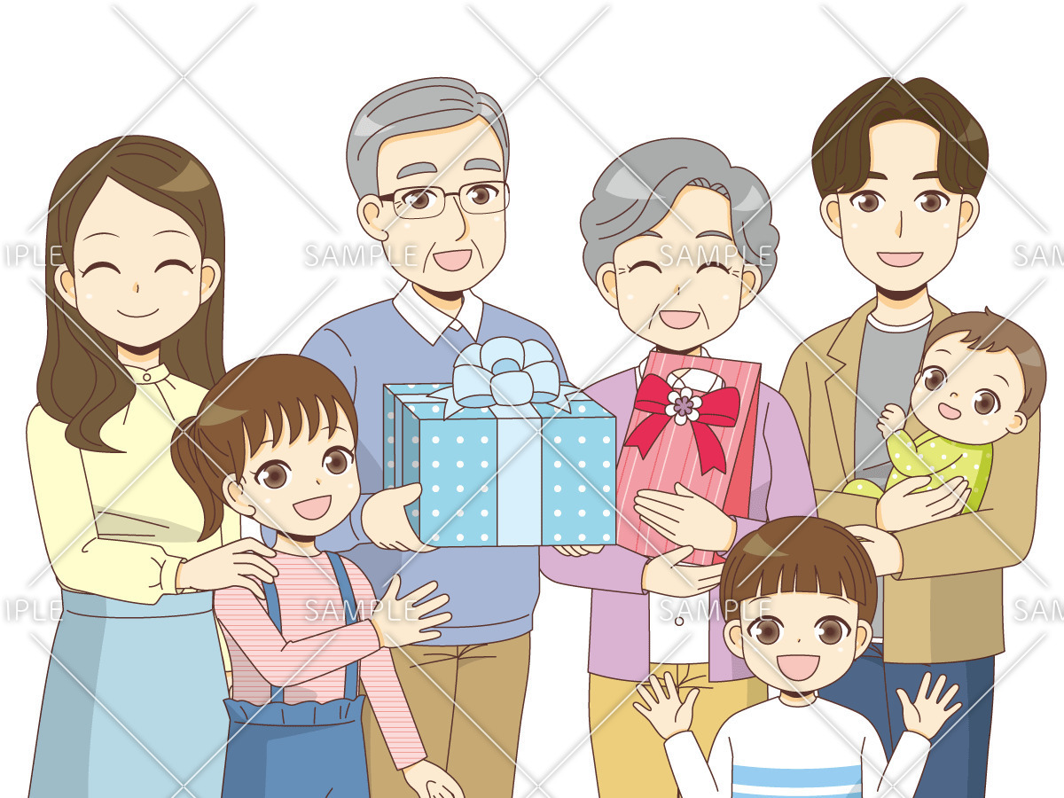 祖父と祖母にプレゼントを渡す家族（季節・行事/その他一般・装飾）のイラスト