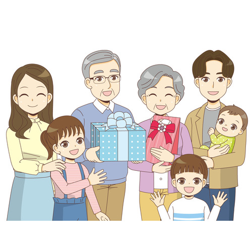 祖父と祖母にプレゼントを渡す家族（季節・行事/その他一般・装飾）