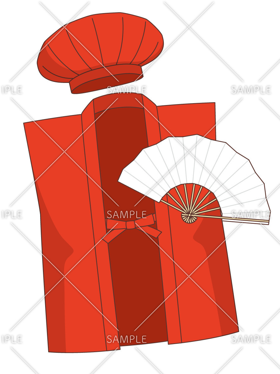 還暦祝いの赤いちゃんちゃんこと帽子と扇子（季節・行事/その他一般・装飾）のイラスト