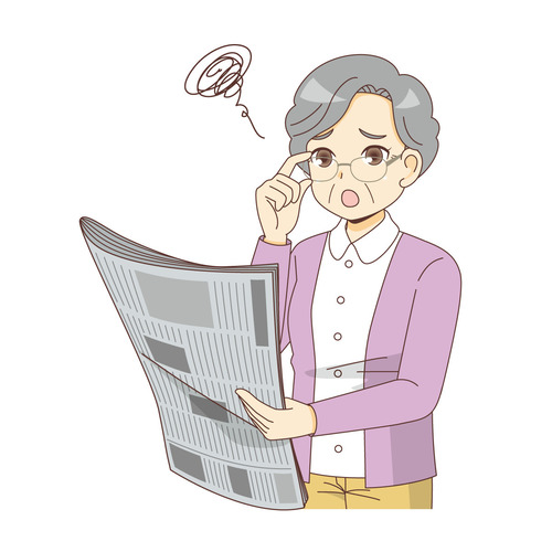 老眼で新聞の文字が見えにくい女性高齢者（その他高齢者の病気/医療・病気）