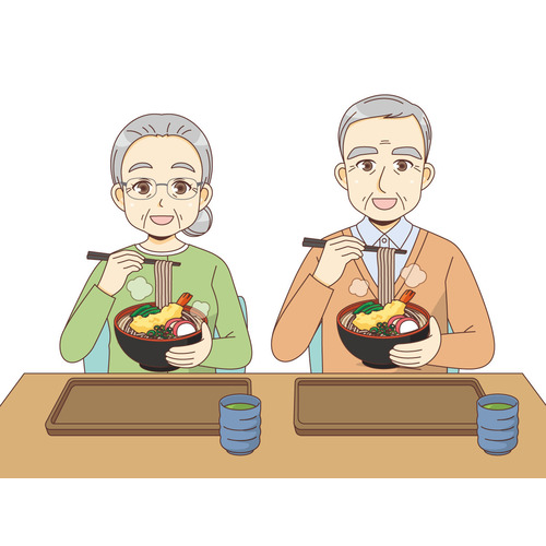 年越しそばを食べる高齢者夫婦（季節・行事/その他一般・装飾）のイラスト