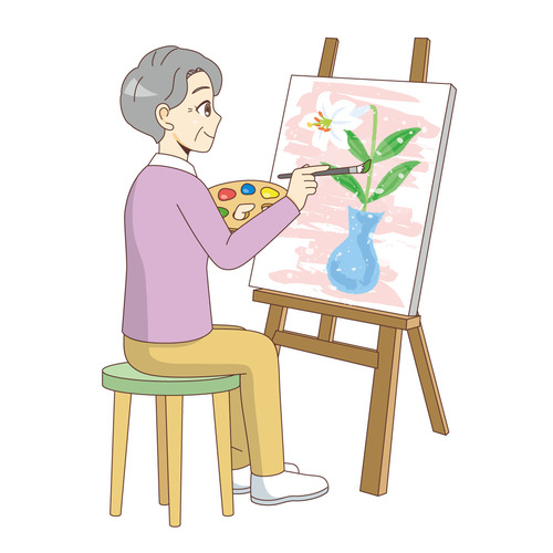 絵を描く女性高齢者（レクリエーション・イベント/介護・生活）