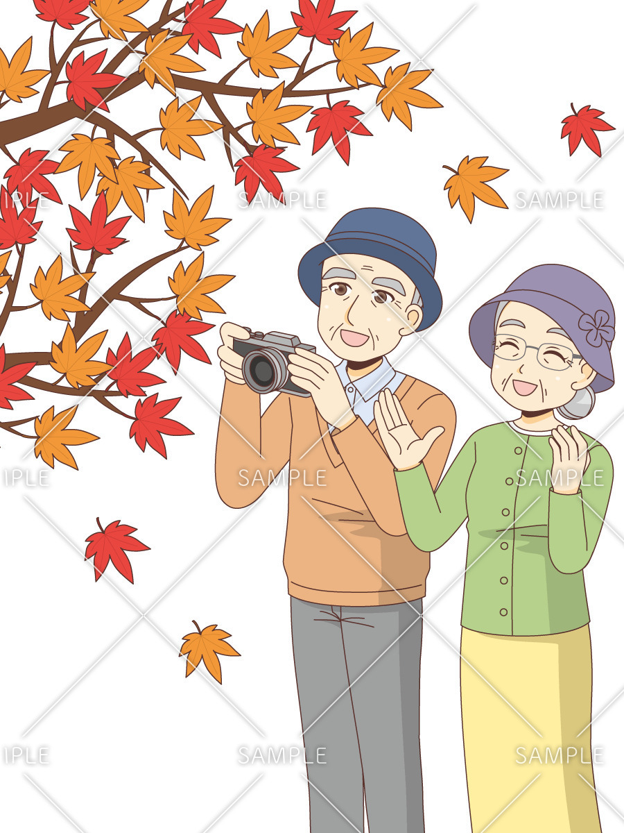 紅葉狩りを楽しむ高齢者夫婦（季節・行事/その他一般・装飾）のイラスト