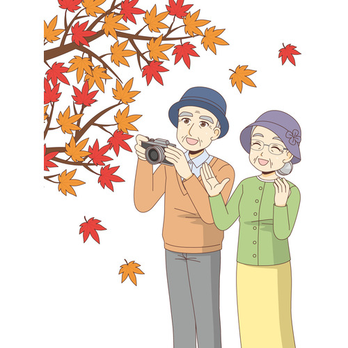 紅葉狩りを楽しむ高齢者夫婦（季節・行事/その他一般・装飾）のイラスト