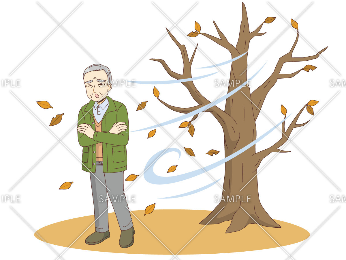 木枯らしに吹かれる男性高齢者（季節・行事/その他一般・装飾）のイラスト