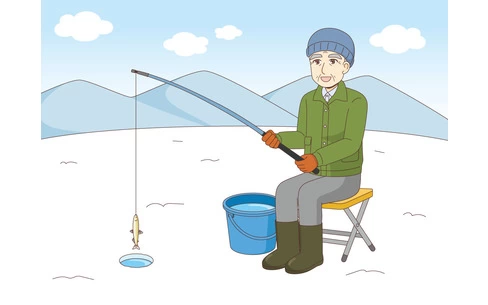 氷上でワカサギ釣りをする男性高齢者