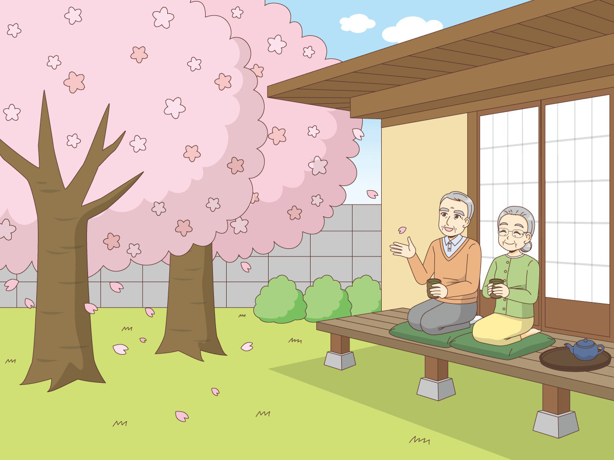 縁側でお花見を楽しむ高齢者夫婦 季節 行事 その他一般 装飾 の無料イラスト 介護アンテナ