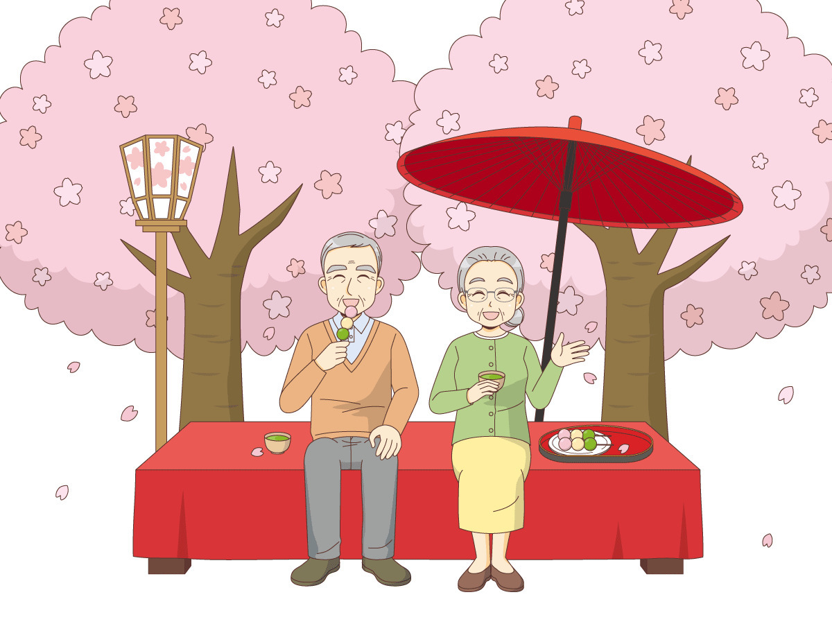 花見縁台でくつろぐ高齢者夫婦 季節 行事 その他一般 装飾 の無料イラスト 介護アンテナ