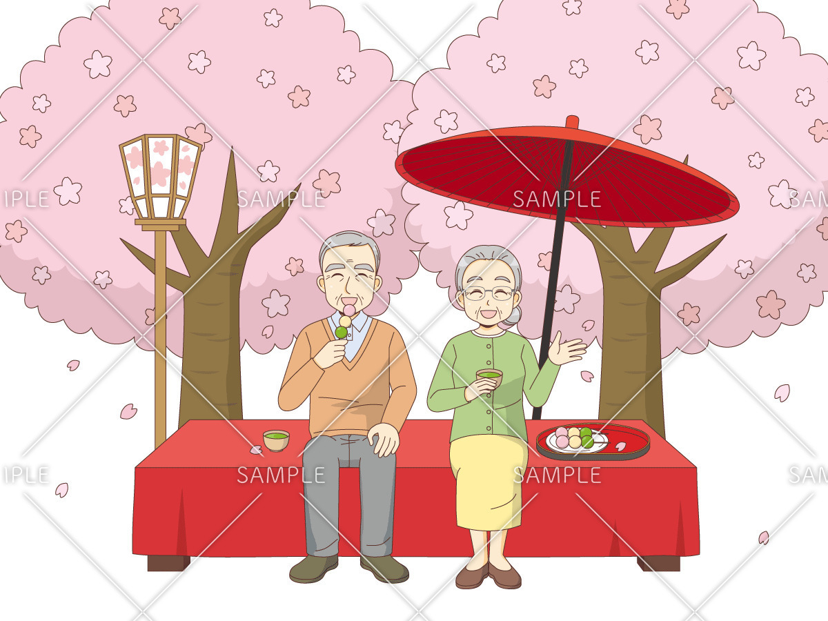 花見縁台でくつろぐ高齢者夫婦（季節・行事/その他一般・装飾）のイラスト