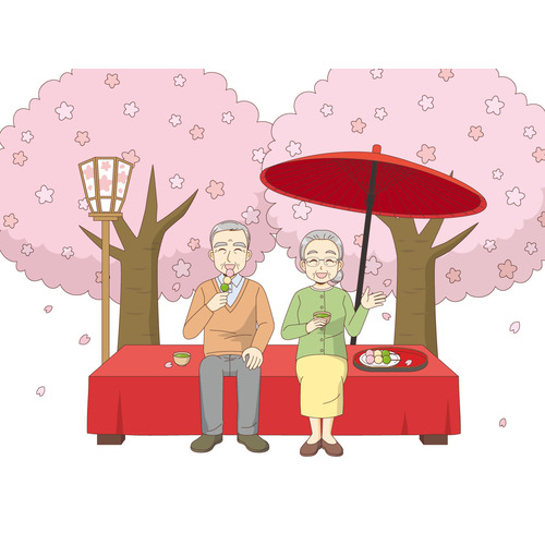 花見縁台でくつろぐ高齢者夫婦（季節・行事/その他一般・装飾）のイラスト