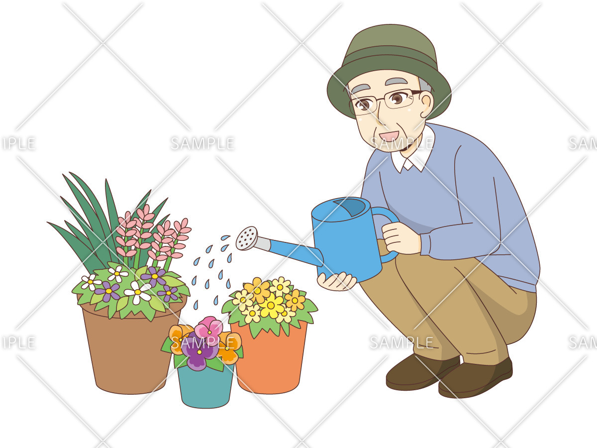 お花に水をあげるおじいさん（高齢者（おばあさん・おじいさん）/介護現場の人物）のイラスト