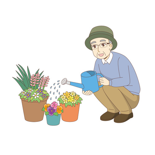 お花に水をあげるおじいさん（高齢者（おばあさん・おじいさん）/介護現場の人物）のイラスト