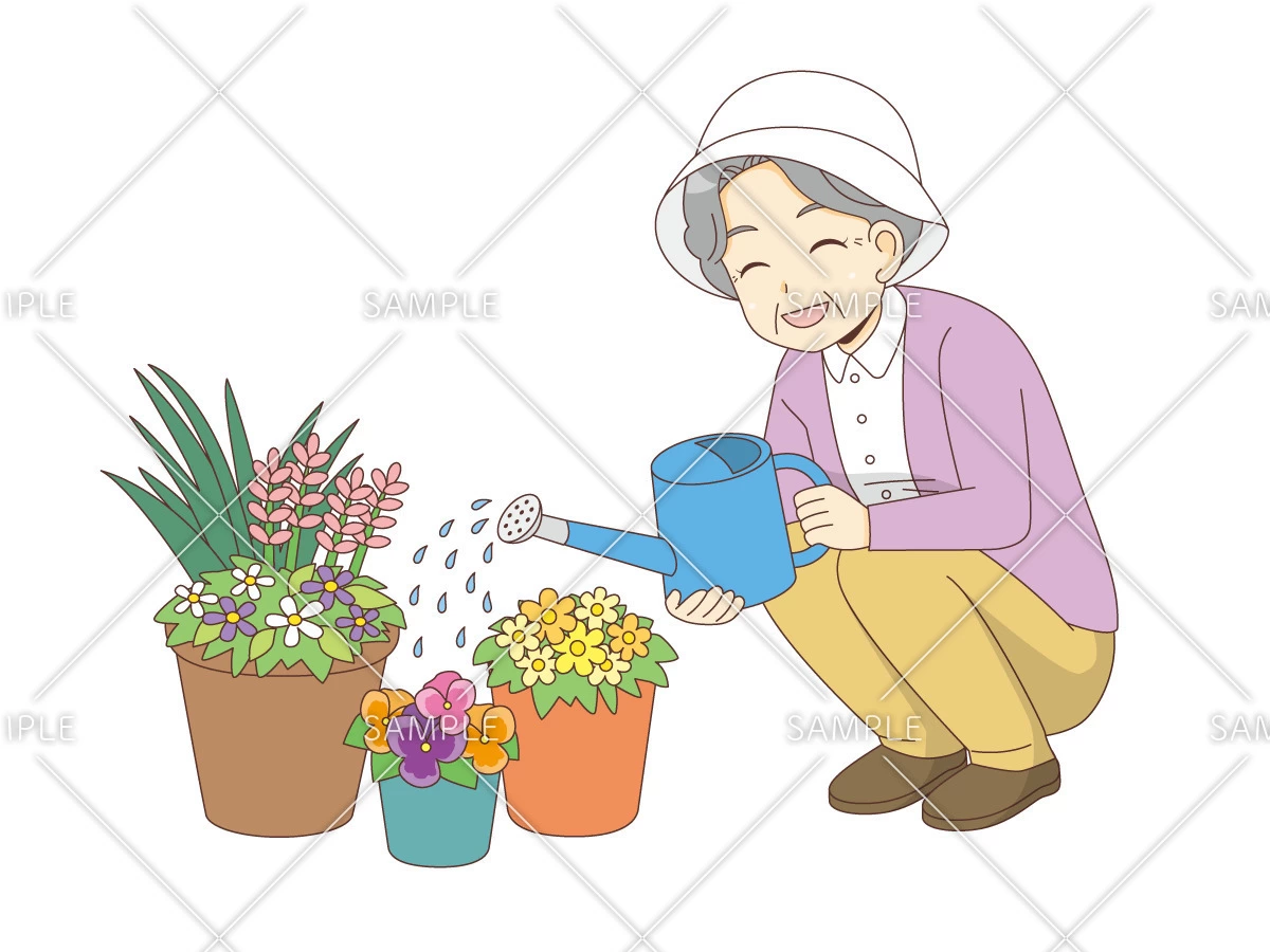 お花に水をあげるおばあさん（高齢者（おばあさん・おじいさん）/介護現場の人物）のイラスト