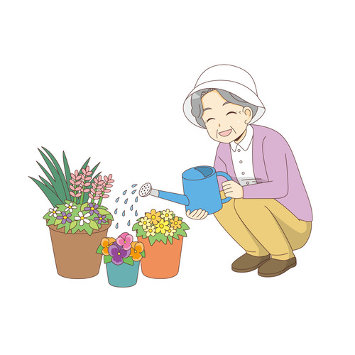 お花に水をあげるおばあさん（高齢者（おばあさん・おじいさん）/介護現場の人物）のイラスト