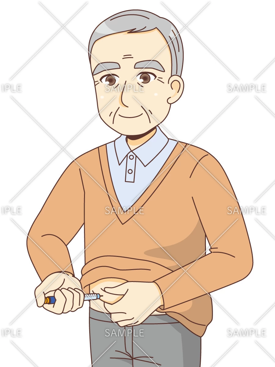 インスリン注射をする男性高齢者（薬・服薬/介護・生活）のイラスト