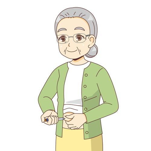インスリン注射をする女性高齢者（薬・服薬/介護・生活）のイラスト