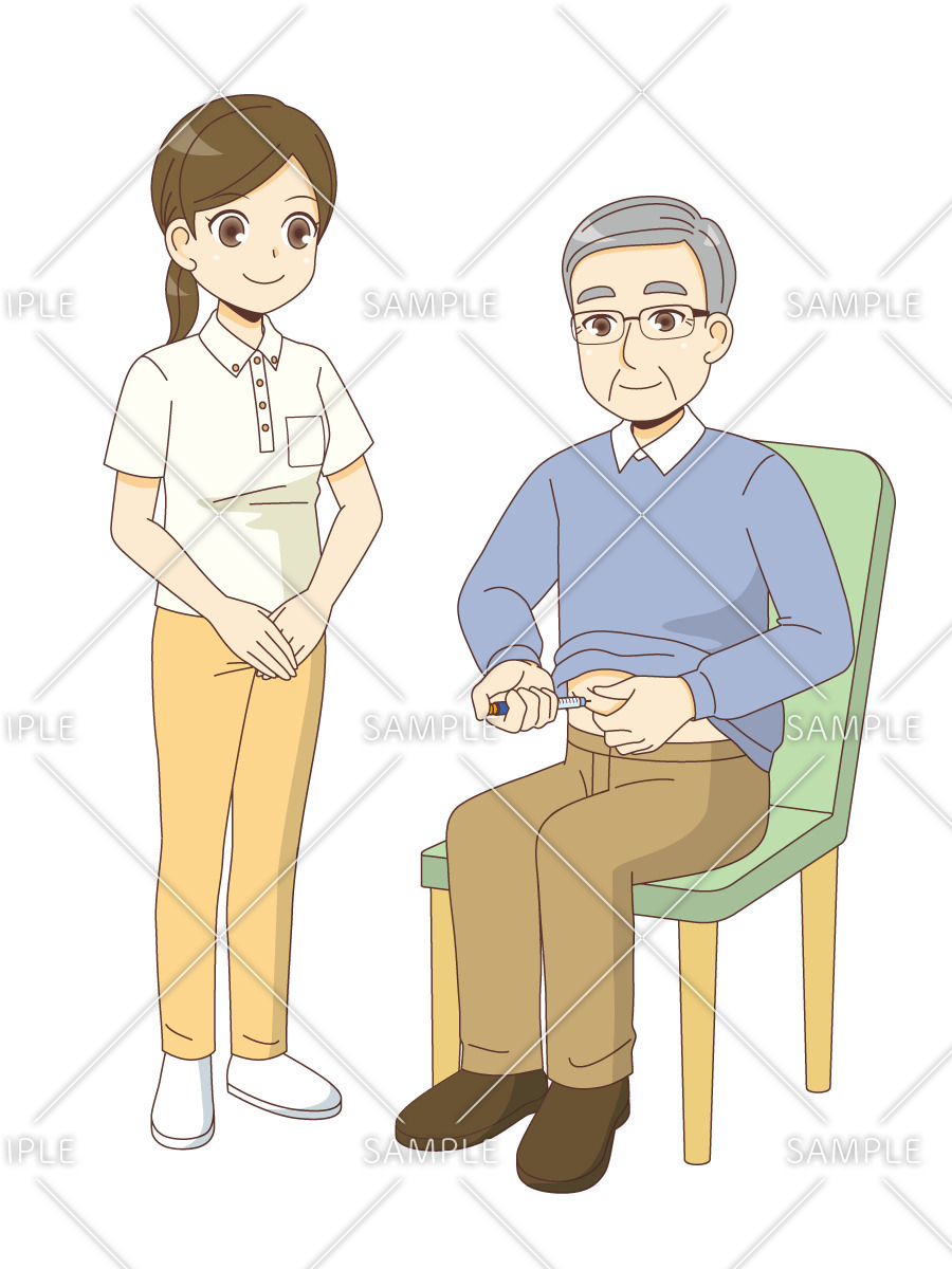 インスリン注射をする男性高齢者を見守る介護職（薬・服薬/介護・生活）のイラスト
