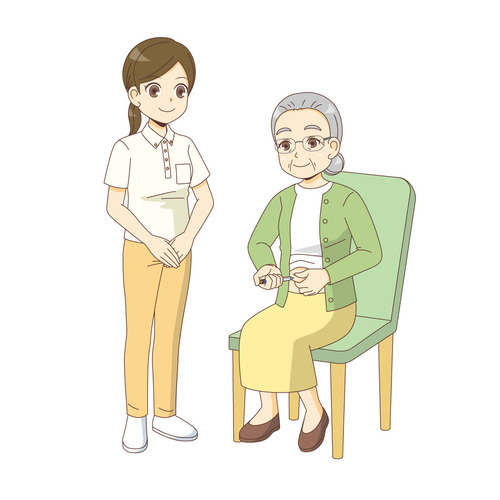 インスリン注射をする女性高齢者を見守る介護職（薬・服薬/介護・生活）のイラスト