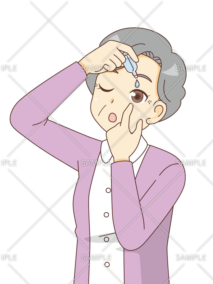 目薬をさす女性高齢者（薬・服薬/介護・生活）のイラスト