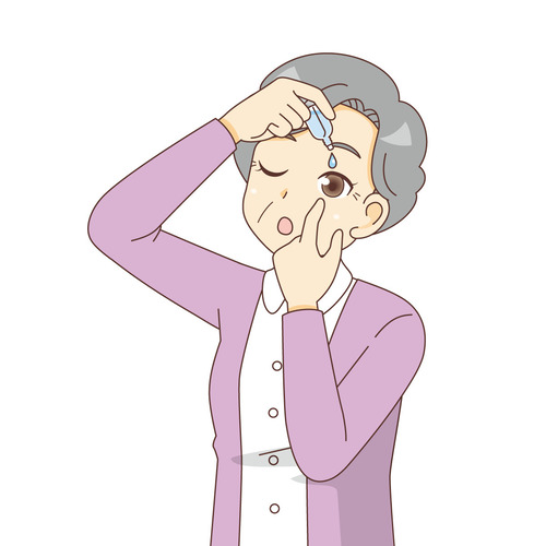 目薬をさす女性高齢者（薬・服薬/介護・生活）のイラスト