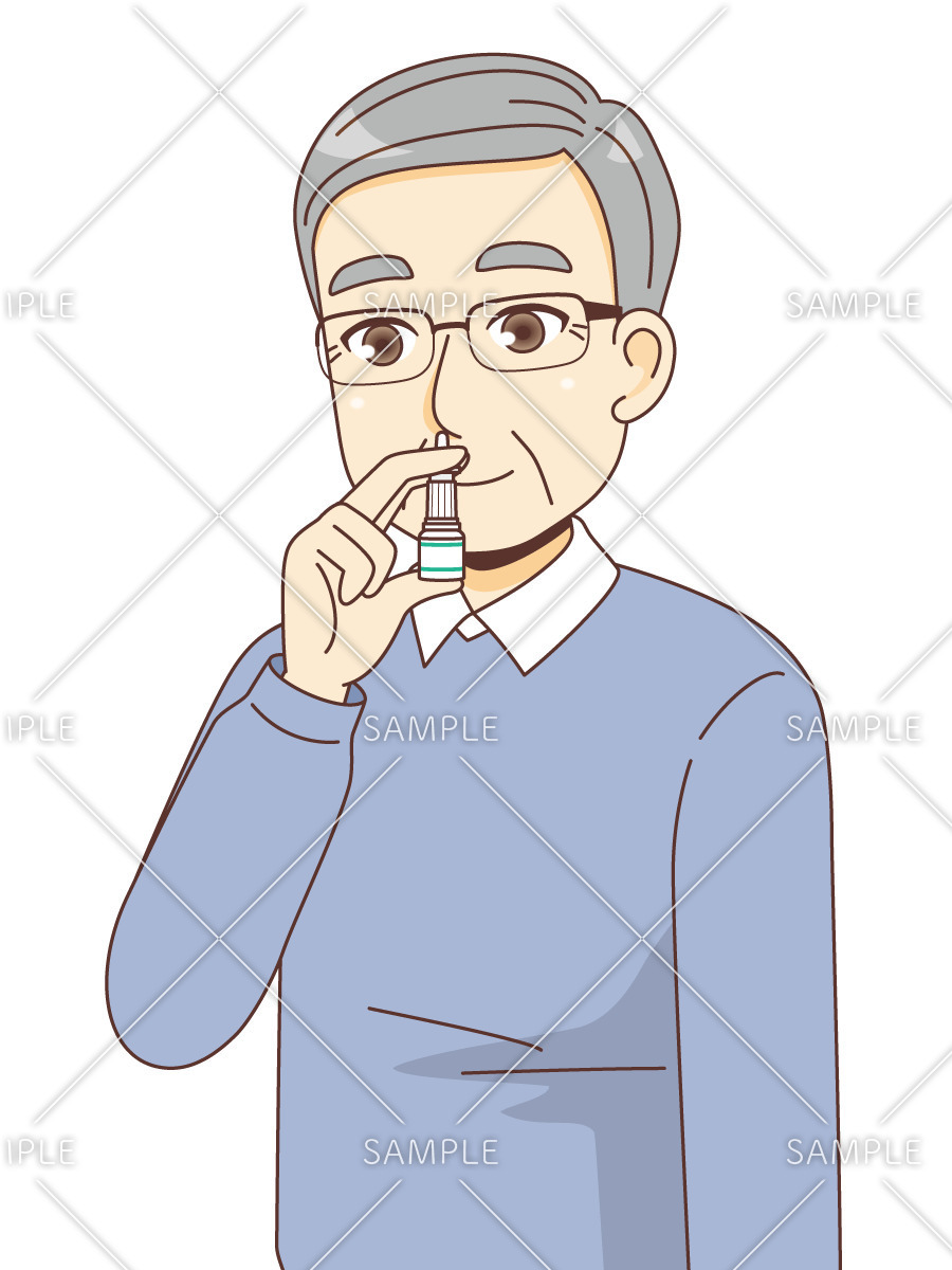点鼻薬をさす男性高齢者（薬・服薬/介護・生活）のイラスト
