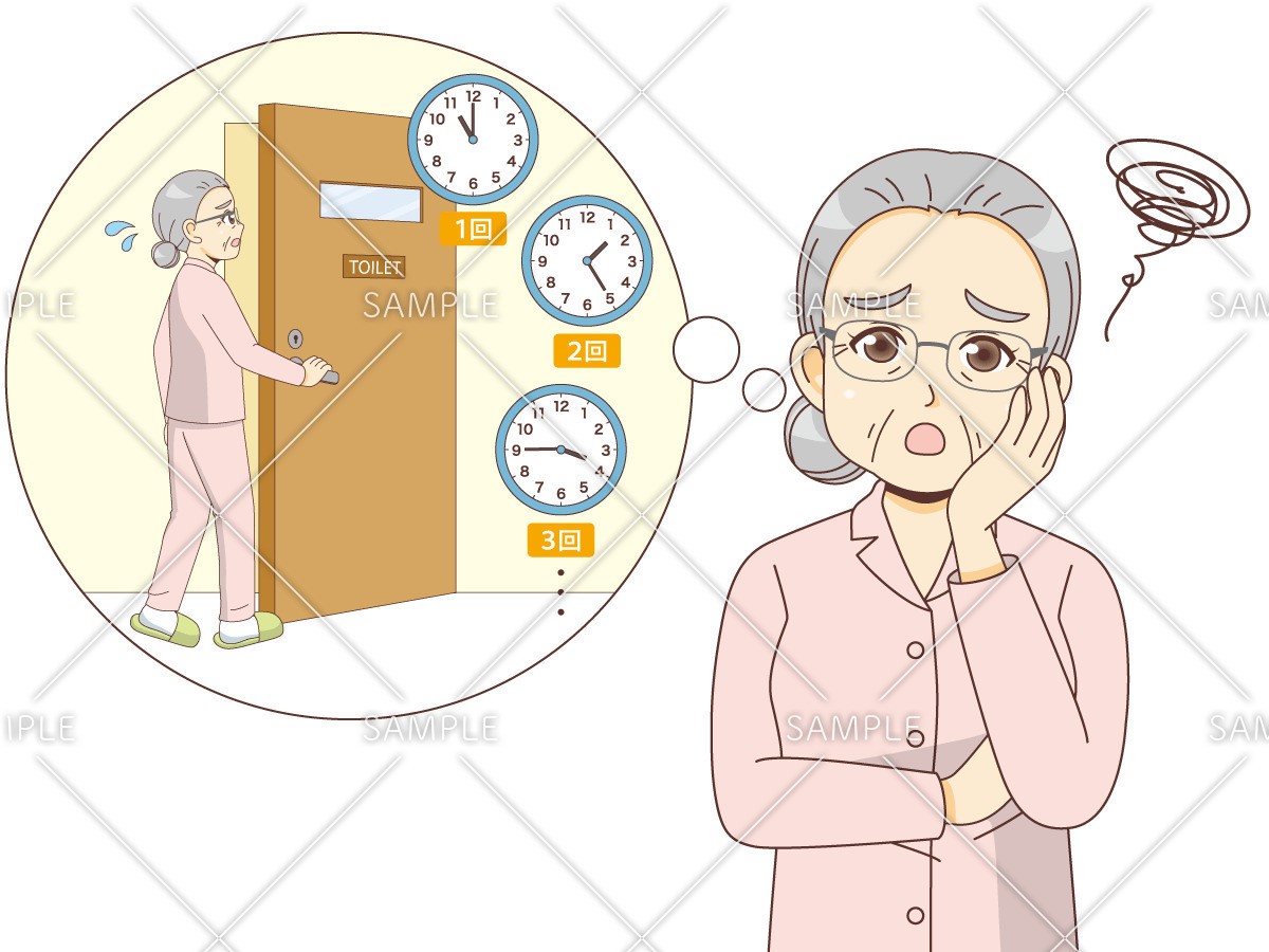 頻尿に悩む女性高齢者（その他高齢者の病気・怪我・事故/医療・病気）のイラスト