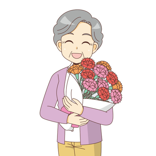 カーネーションの花束を持つ女性高齢者（季節・行事/その他一般・装飾）のイラスト