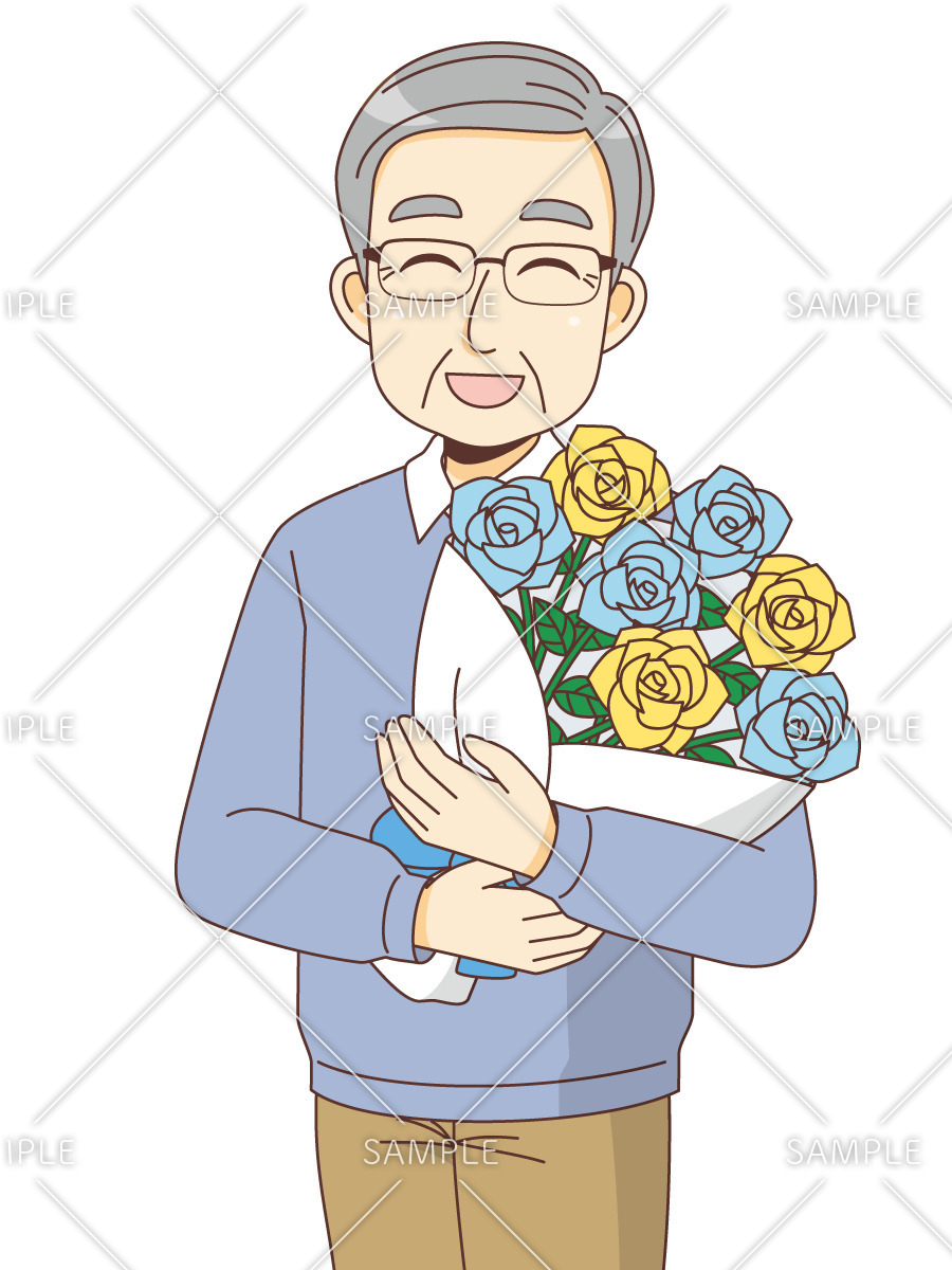 バラの花束を持つ男性高齢者（季節・行事/その他一般・装飾）のイラスト