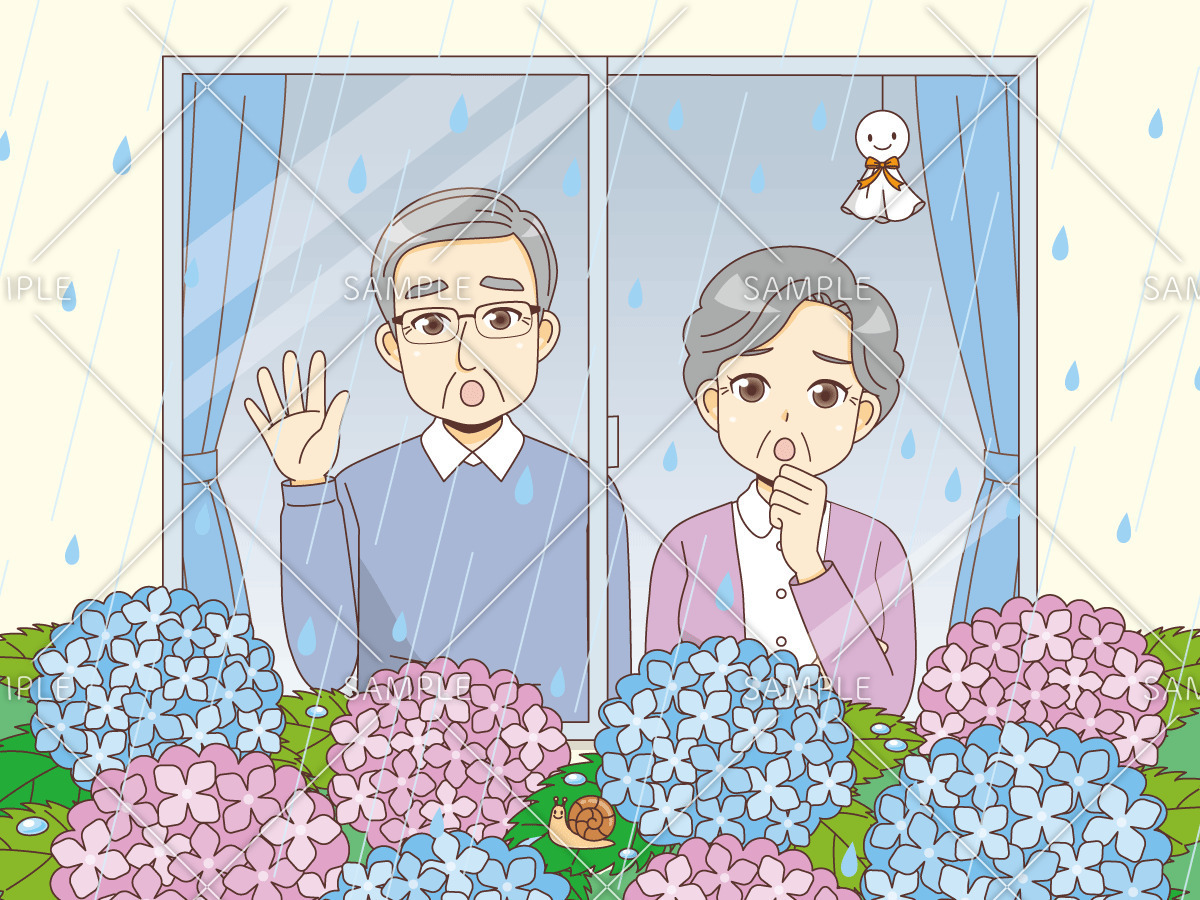 雨が止むのを待つ高齢者夫婦（高齢者（おばあさん・おじいさん）/介護現場の人物）のイラスト
